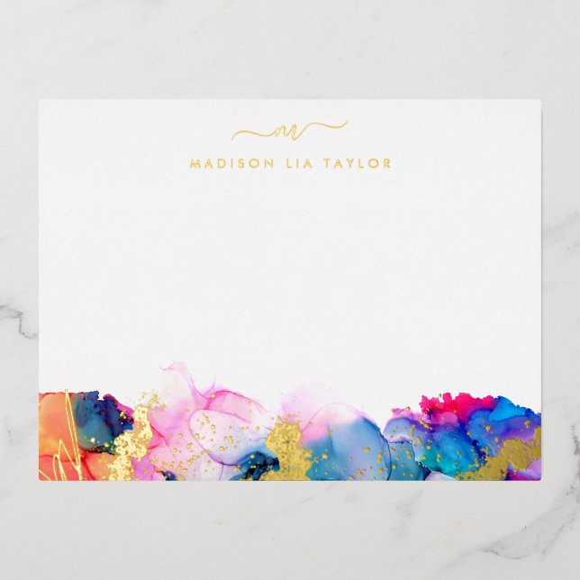 Script Monogram Rainbow Alcohol Ink Foil Note Card (Front)