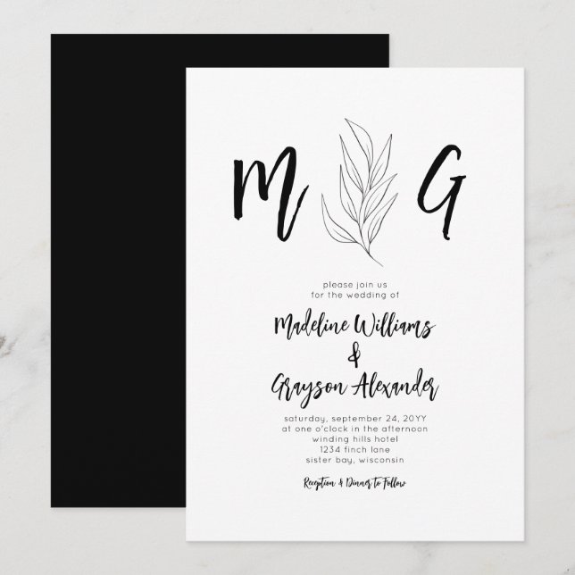 Script Monogram Simple Botanical Wedding  Invitation (Front/Back)