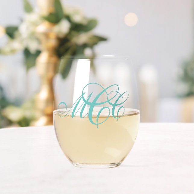 Script Monogram Three Initial Stemless Wine Glass (Insitu (Wedding))