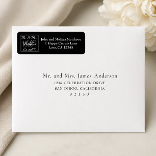 Script Mr and Mrs Monogram Wedding Black Return Address Label