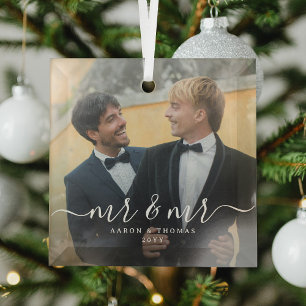 Script Mr & Mr Newlyweds Photo Christmas Glass Tree Decoration