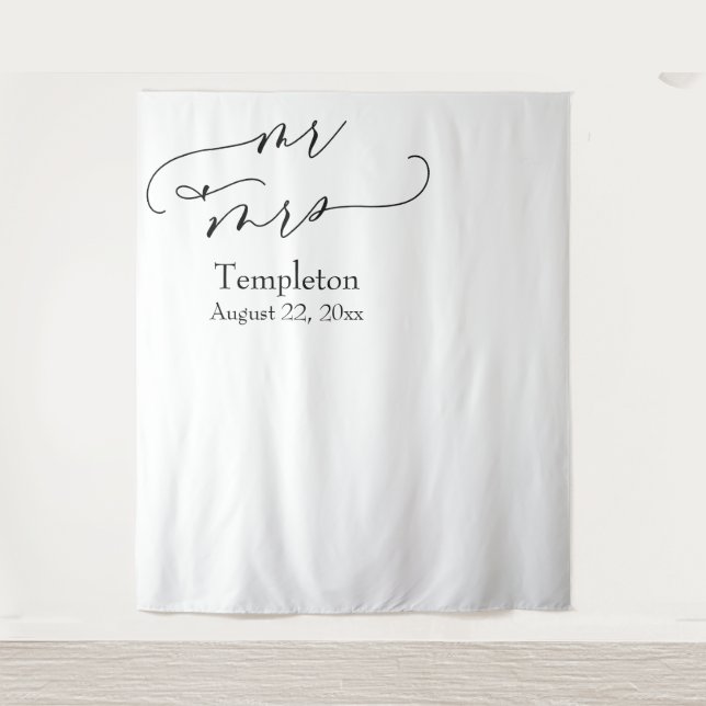 Script Mr & Mrs Simple Left Aligned Photo Backdrop Tapestry (Front)