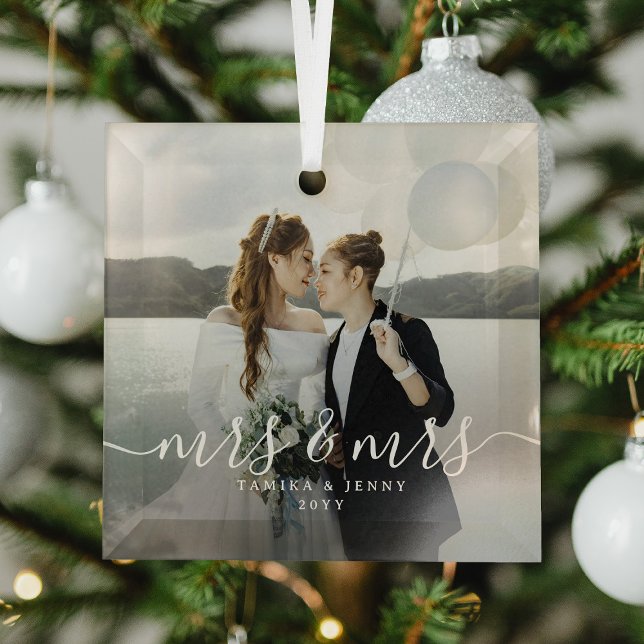 Script Mrs & Mrs Newlyweds Photo Christmas Glass Tree Decoration (Creator Uploaded)