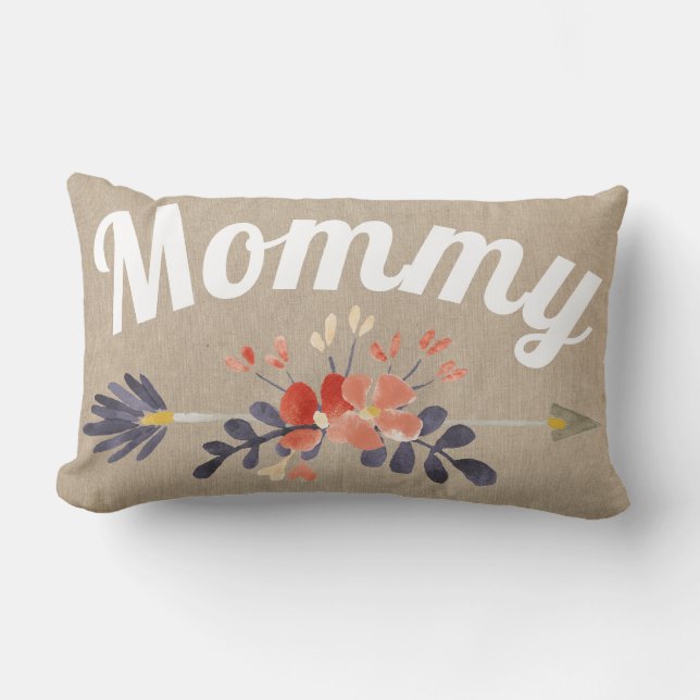 Script Mummy Floral Arrow Burlap Pillow (Front)