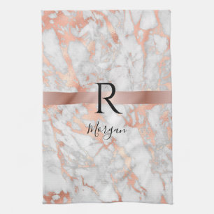 Script Name/Blk Monogram, White & Rose Gold Marble Tea Towel