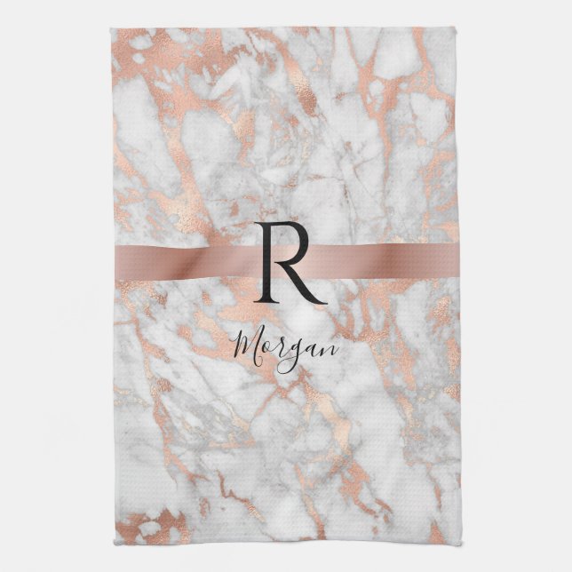 Script Name/Blk Monogram, White & Rose Gold Marble Tea Towel (Vertical)