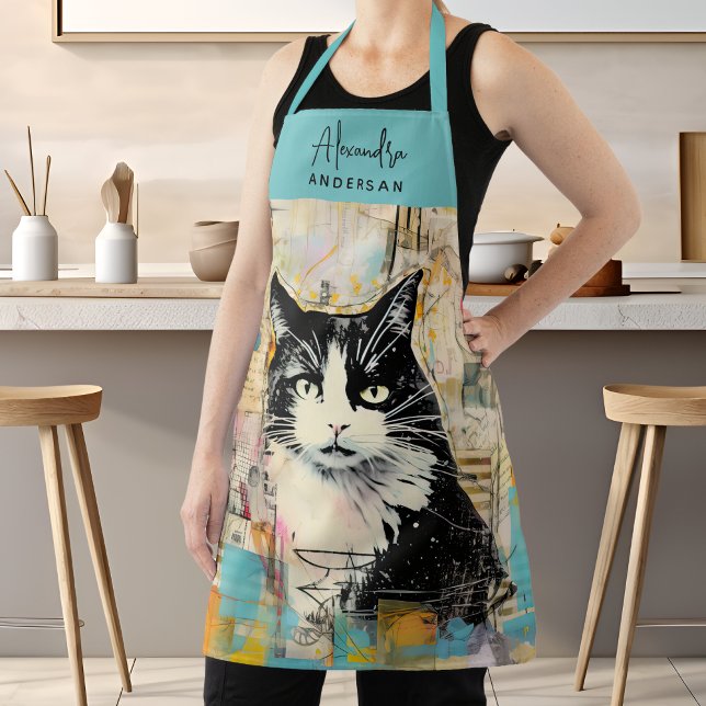 Script Name Cat Mum Dad Cooking Apron (Vintage Black Cat Scrapbook Painting Script Name Apron)