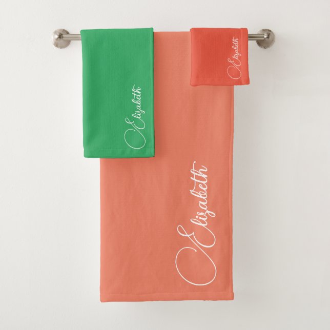 Script Name Changeable Colours Salmon Orange Green Bath Towel Set (Insitu)
