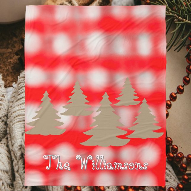 Script name cute tartan red white gold trees  fleece blanket (Creator Uploaded)