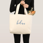 Script Name in Navy Blue Custom Tote Bag<br><div class="desc">Simple,  modern and elegant. Text and text colour is fully customisable. Perfect as a bridesmaid gift,  wedding favour,  birthday or graduation gift. Part of a collection from Parcel Studios.</div>