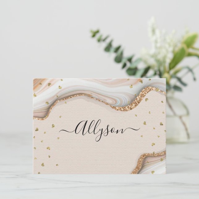 Script Name & Message, Glitter Hearts, Marble Holiday Card (Standing Front)