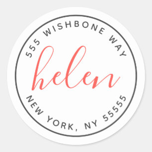 Script Name Modern Personalised Address in Coral Classic Round Sticker