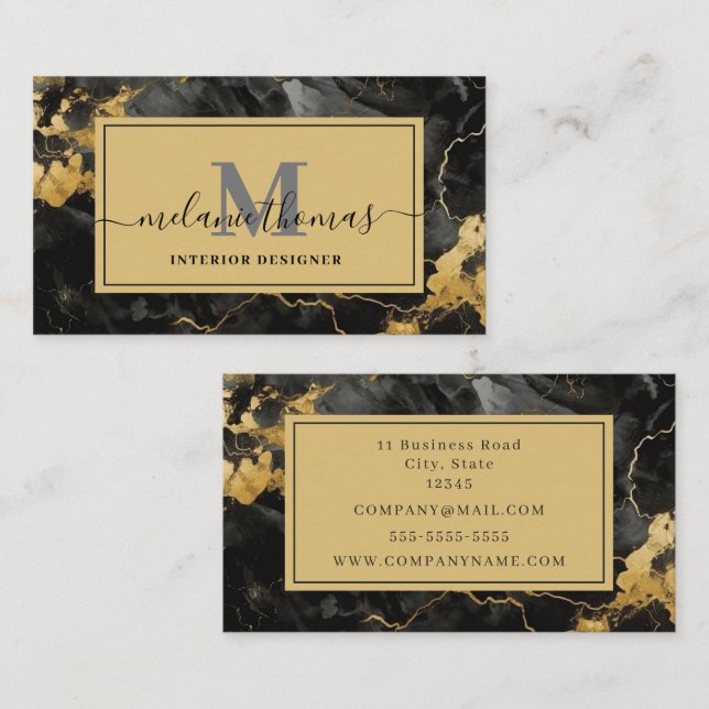 Script Name Monogram Black and Gold Marble Business Card (Front/Back)