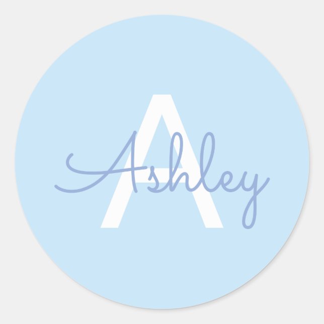 Script Name & Monogram | Light Blue White Purple Classic Round Sticker (Front)