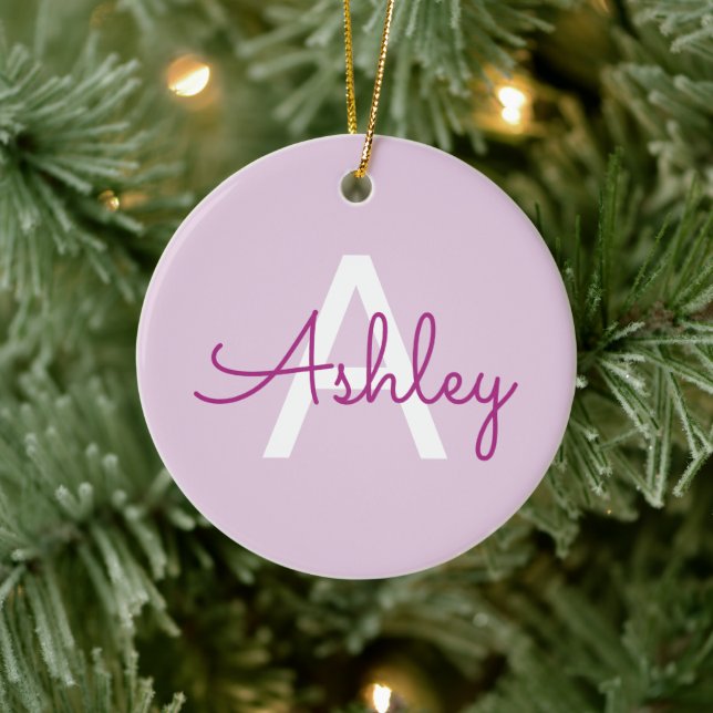 Script Name & Monogram | Magenta & Light Purple Ceramic Ornament (Tree)