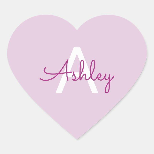 Script Name & Monogram | Magenta & Light Purple Heart Sticker (Front)