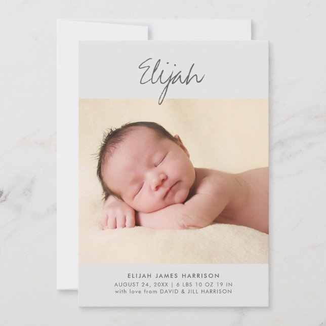 Script Name Neutral Grey 1-Photo Birth Announcement (Front)