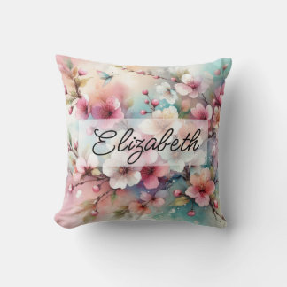 Script name on vintage watercolor pink flowers cushion
