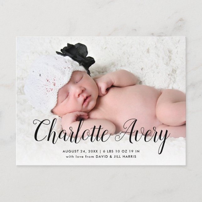 Script Name Photo Birth Announcement Postcard (Front)