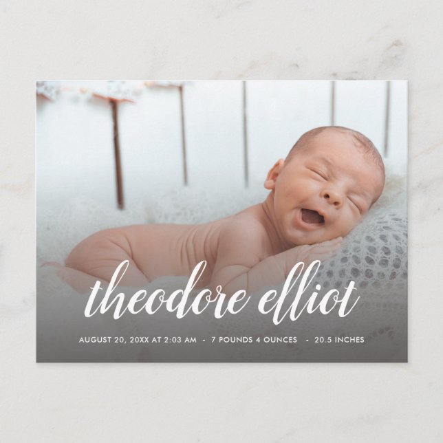 Script Name Photo Overlay Birth Announcement Postcard (Front)