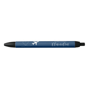 Script Name with Love Heart Aeroplane on Navy Blue Black Ink Pen