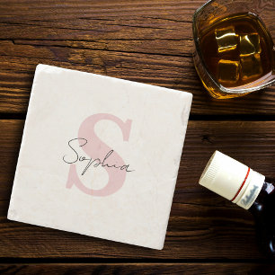 Script Name With Pink Monogram Personalized Stone Coaster