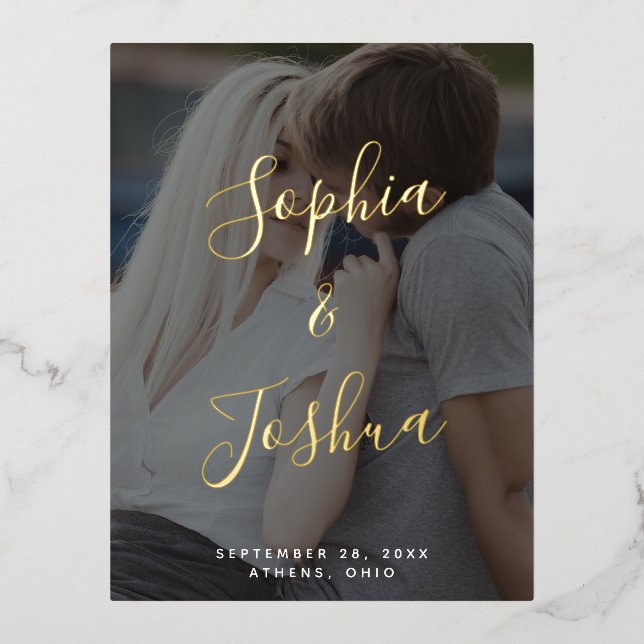 Script Names Vellum Look Photo Save the Date Gold Foil Invitation Postcard (Front)