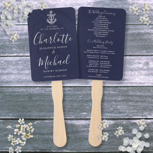Script Navy Blue Anchor Nautical Wedding Program Hand Fan
