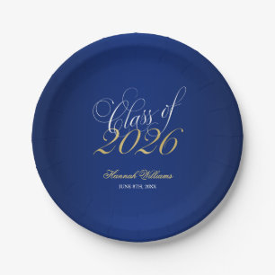 Script Navy Blue Faux Gold 2025 Graduation Party Paper Plate