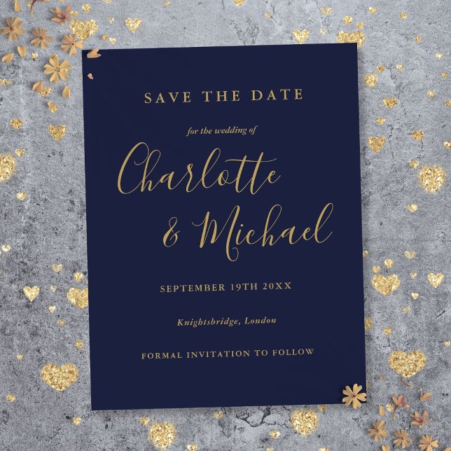Script Navy Blue Gold Wedding Save the Date Postcard (Script Navy Blue Gold Wedding Save the Date Postcard)