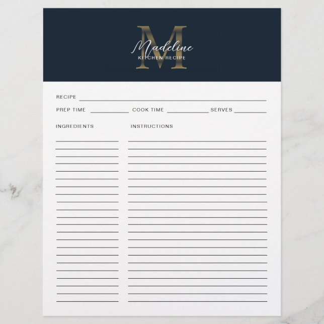 Script Navy Blue Metallic Gold Monogram Recipe (Front)