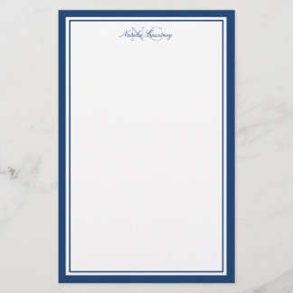 Script Navy Blue Two Border Monogram Vertical Stationery