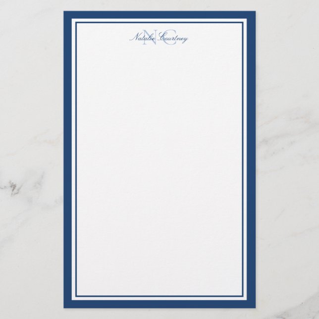 Script Navy Blue Two Border Monogram Vertical Stationery (Front)