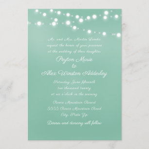 Script Neo Mint Teal White String Lights Wedding Invitation