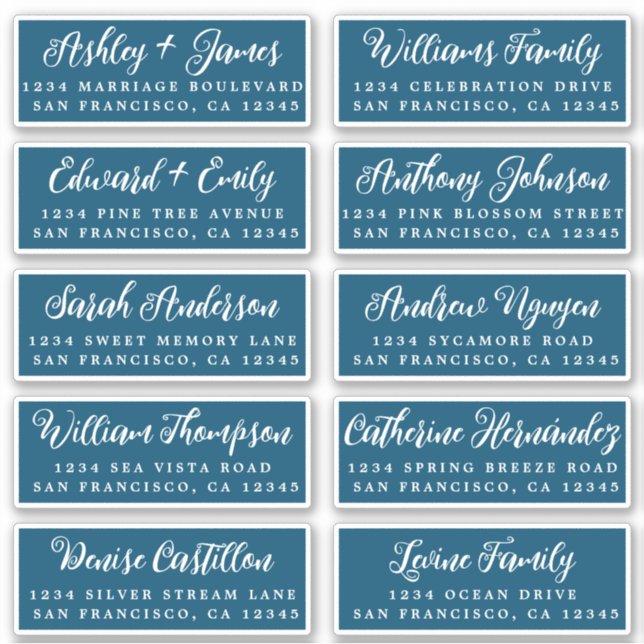 Script Ocean Blue Wedding Guest Address Labels (Front)