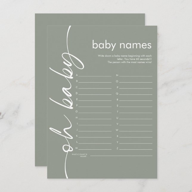Script Oh Baby Names Shower Game Sage Card (Front/Back)