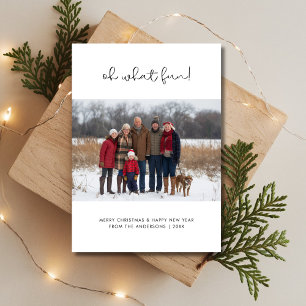 Script Oh What Fun Christmas Family Photo Blue Holiday Card