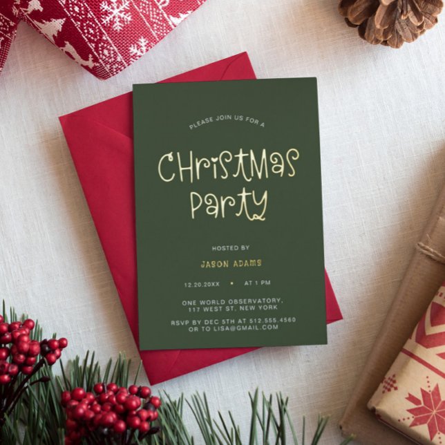 Script Olive Green Christmas Party Foil Invitation (Creator Uploaded)