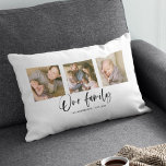 Script Our Family Name Photo Collage Lumbar Cushion<br><div class="desc">Pillow featuring the words "Our Family" in a stylish script with 3 square photos arranged side by side on the front and back side making it 6 photos in total that you can replace with you own photos against a white background. You can also add your family name and the...</div>