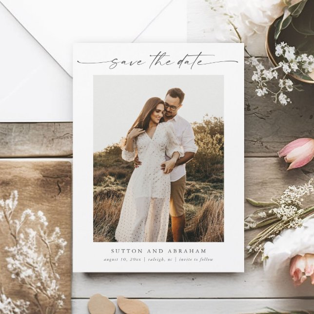Script Photo Minimal Wedding Save the Date Magnet (An elegant photo wedding save the date magnet with handwritten script and minimal typography.)