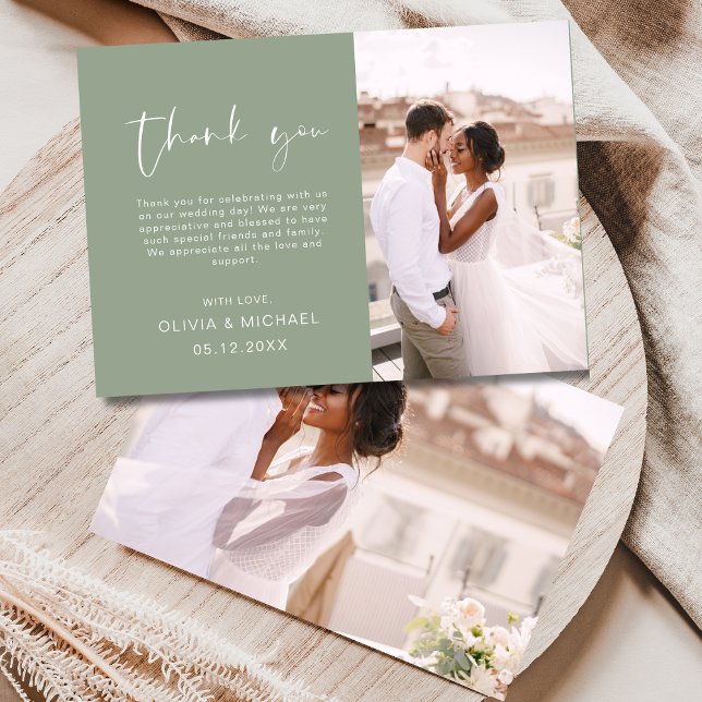 Script Photo Sage Green Wedding Thank You Card (Creator Uploaded)