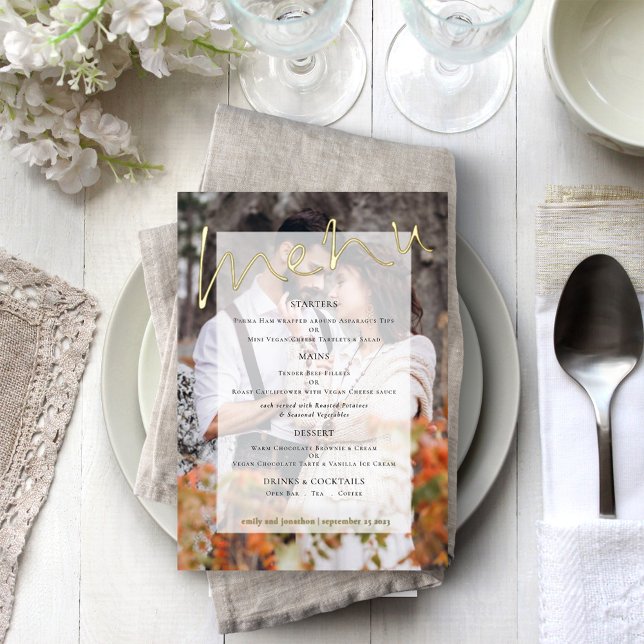 Script Photo Tint Wedding Real Foil Menu Card (Creator Uploaded)