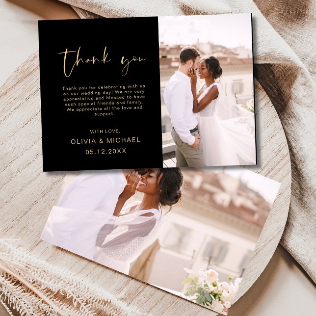 Script Photo Wedding Black Gold Thank You Card (Creator Uploaded)