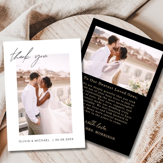 Script Photo Wedding Black Gold Thank You Card (Creator Uploaded)