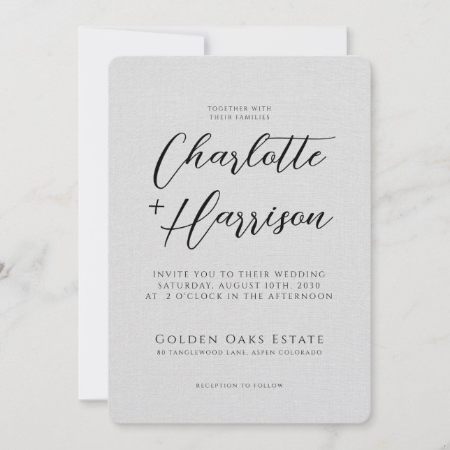 Script Photo Wedding Embossed Linen Texture Invitation (Front)