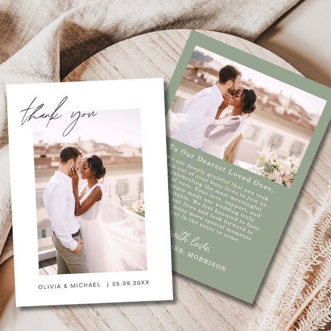 Script Photo Wedding Sage Green Thank You Card (Creator Uploaded)
