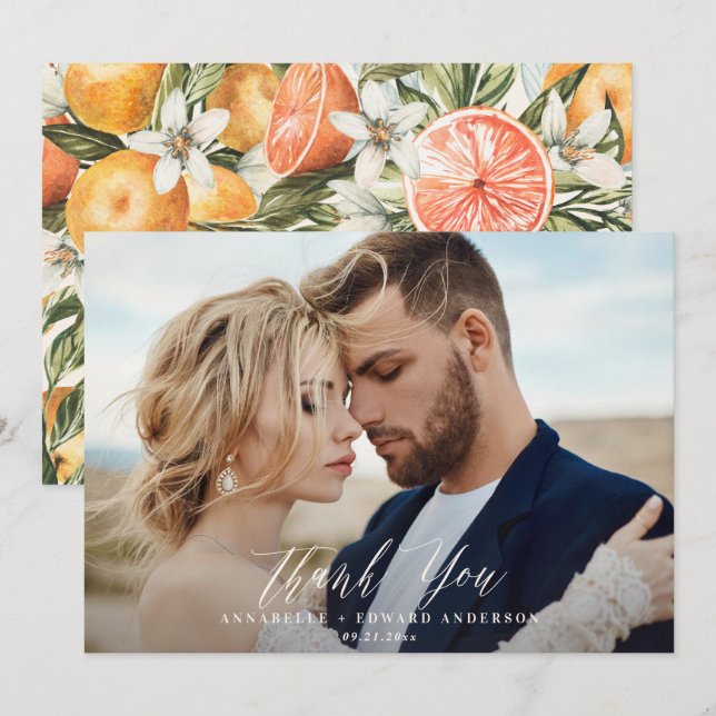 Script photo wedding thank you citrus botanical card (Front/Back)