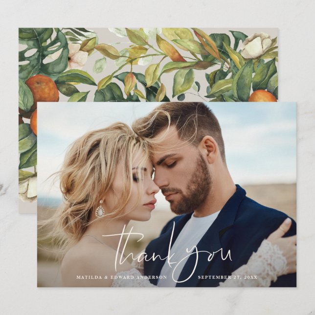 Script photo wedding thank you citrus botanical card (Front/Back)