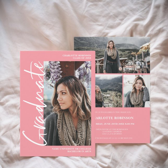  Script pink graduate photo graduation Invitation (Script pink graduate photo graduation Invitation)
