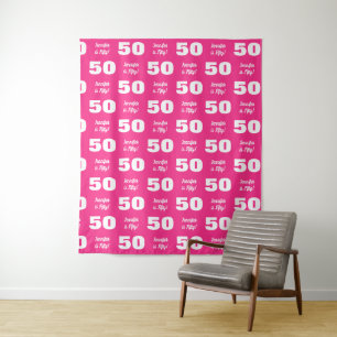 Script Pink White 50th Birthday Party Step Repeat Tapestry